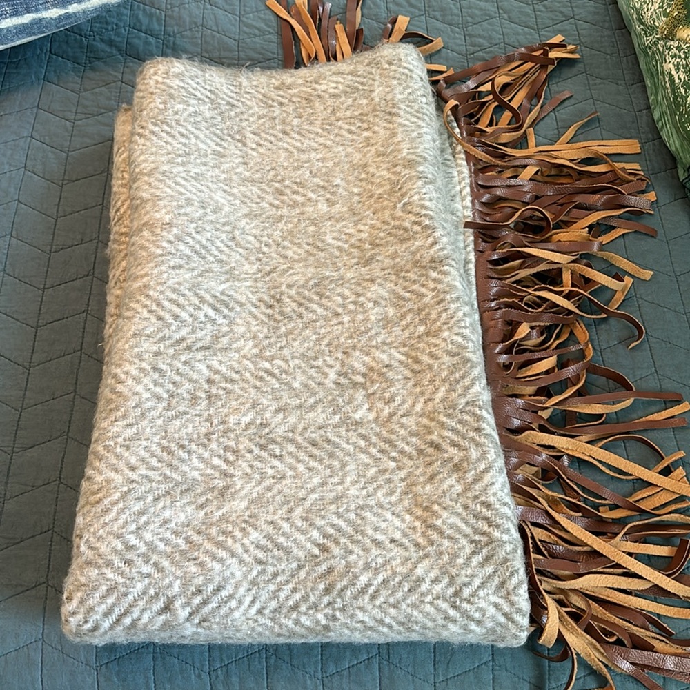 Totally Unique! Grey herringbone throw blanket with 100% leather fringe.